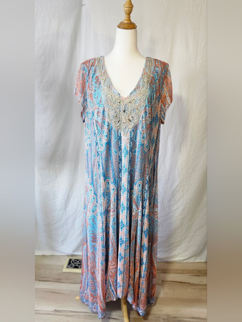 Boho V-Neck Paisley Maxi Dress in Blue and Coral By Reba Woman